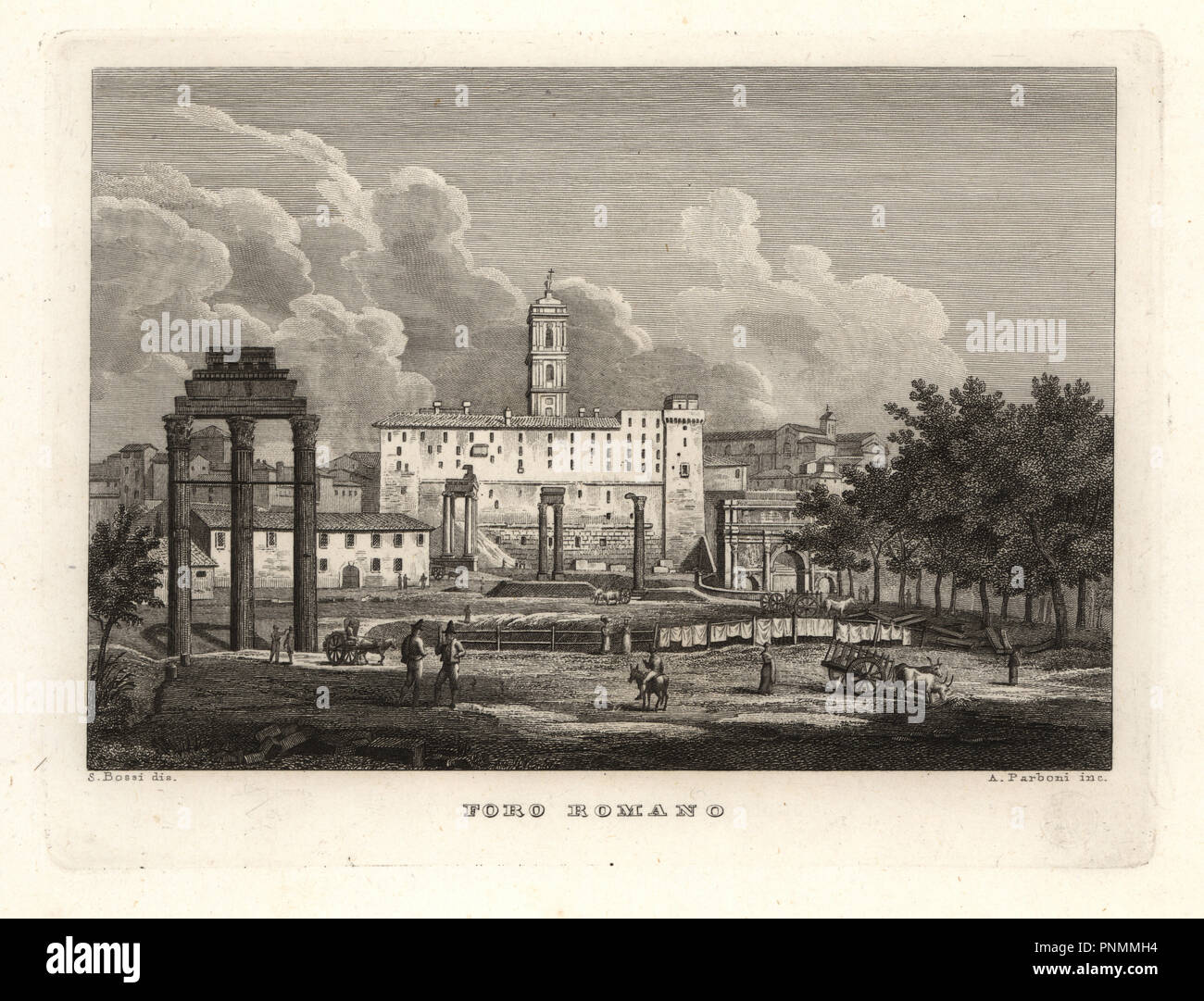 Blick auf die Ruinen des Forum Romanum, Foro Romano, 1830. Kupferstich von A. Parboni nach einer Illustration von sylvestro Bossi von Achille Parboni's Neue Sammlung der wichtigsten Views Antike und Moderne der Stadt Rom, 1830. Stockfoto