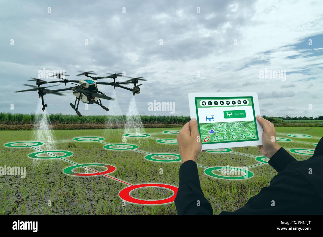 Iot smart Landwirtschaft Industrie 4.0 Konzept, drone (in Przision Farm)  Verwendung fr ein Wasser, Dnger oder chemischen Sprhnebel in das Feld,  Bauernhof fr Wachstum ein Yi Stockfotografie - Alamy