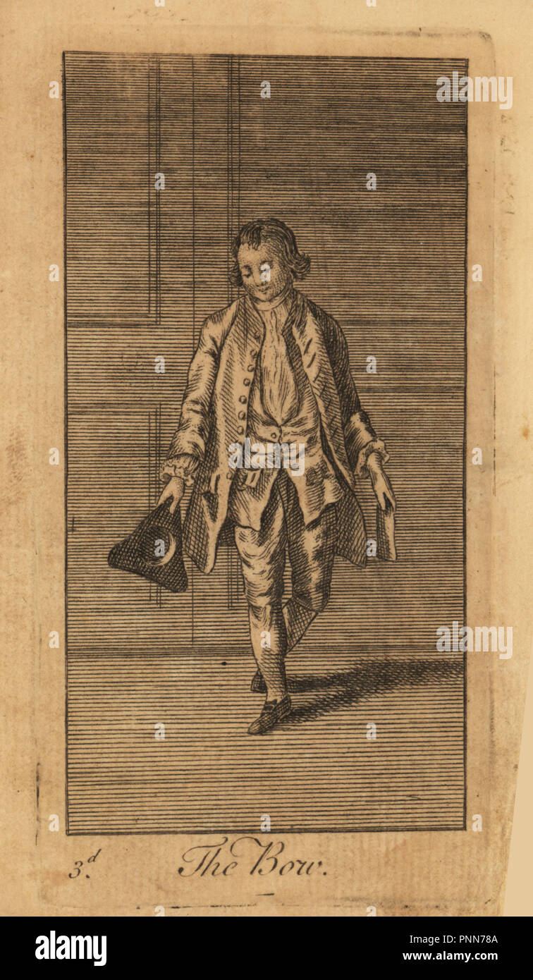 Junge Herr verbeugte sich mit seinen Hut in der Hand in einem holzgetäfelten Zimmer, 18. Kupferstich aus der höflichen Akademie, oder Anweisungen für eine vornehme Verhalten und höflich Adresse in Meister und vermisst, R. Baldwin, London, 1759. Stockfoto