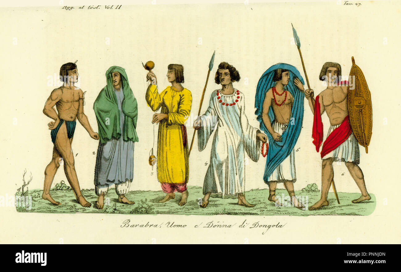 Kostüme von Männern und Frauen der nubischen Menschen (Barabra) von Dongola (Dunqulah). Mann im lendenschurz 1, Frauen in Schleier 2,5, Frau Spinnen 3, Mann mit Speer 4 und Krieger mit Speer und Schild 6. Papierkörbe Kupferstich von Giulio Ferrario's Kostüme Antike und Moderne der Völker der Welt, Florenz, 1834. Stockfoto