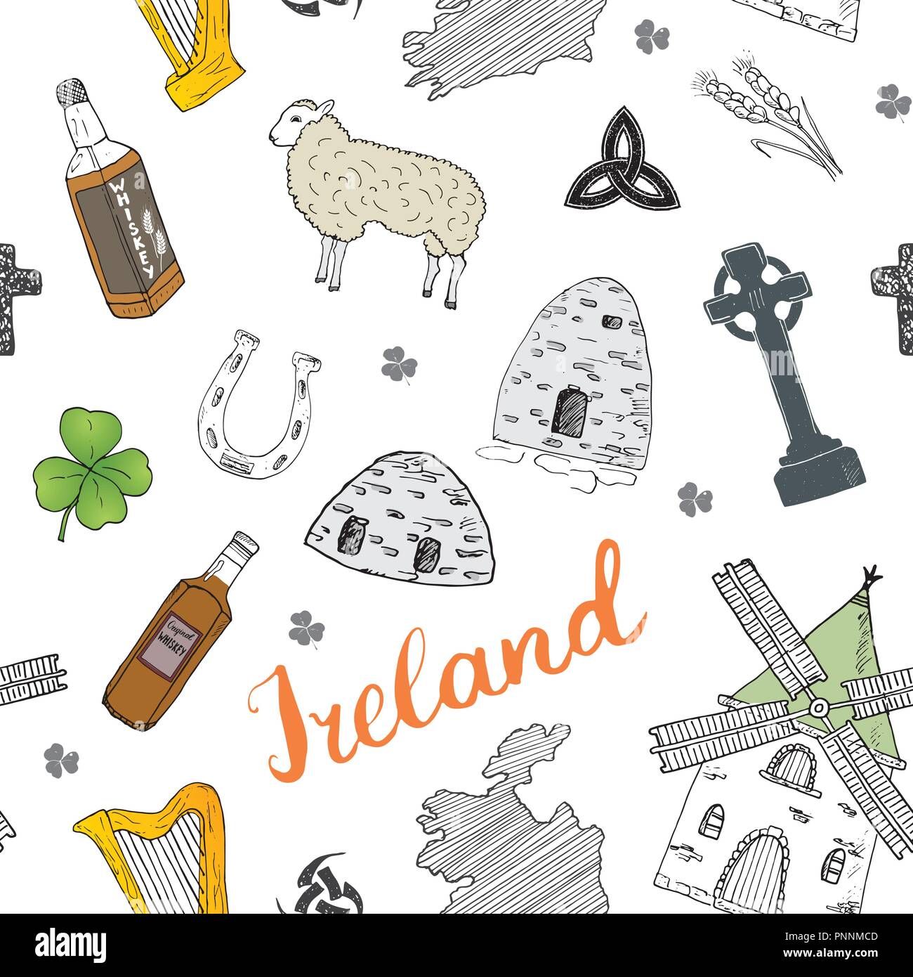 Irland Skizze Doodles nahtlose Muster. Irische Elemente mit Flagge und Karte von Irland, Keltisches Kreuz, Schloss, Shamrock, keltische Harfe, Mühle und Schafe, Whi Stock Vektor