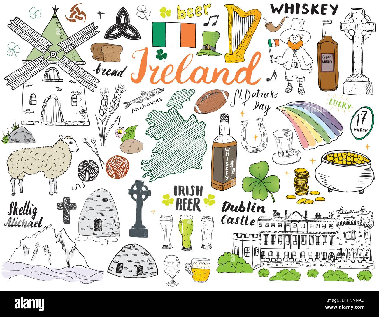 Irland Skizze Doodles. Hand gezeichnet Irischen Elemente Set mit Flagge und Karte von Irland, Keltisches Kreuz, Schloss, Shamrock, keltische Harfe, Mühle und Schafe, Schneebesen Stock Vektor