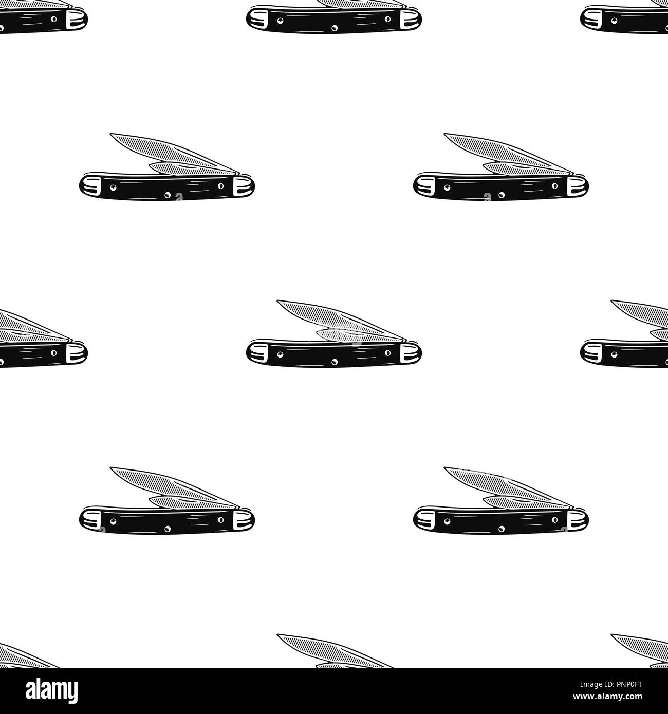Camping Messer nahtlose Muster. Silhouette distressed Style. Outdoor Adventure Ausrüstung Hintergrund. Vektor Illustration auf weißen isoliert Stock Vektor