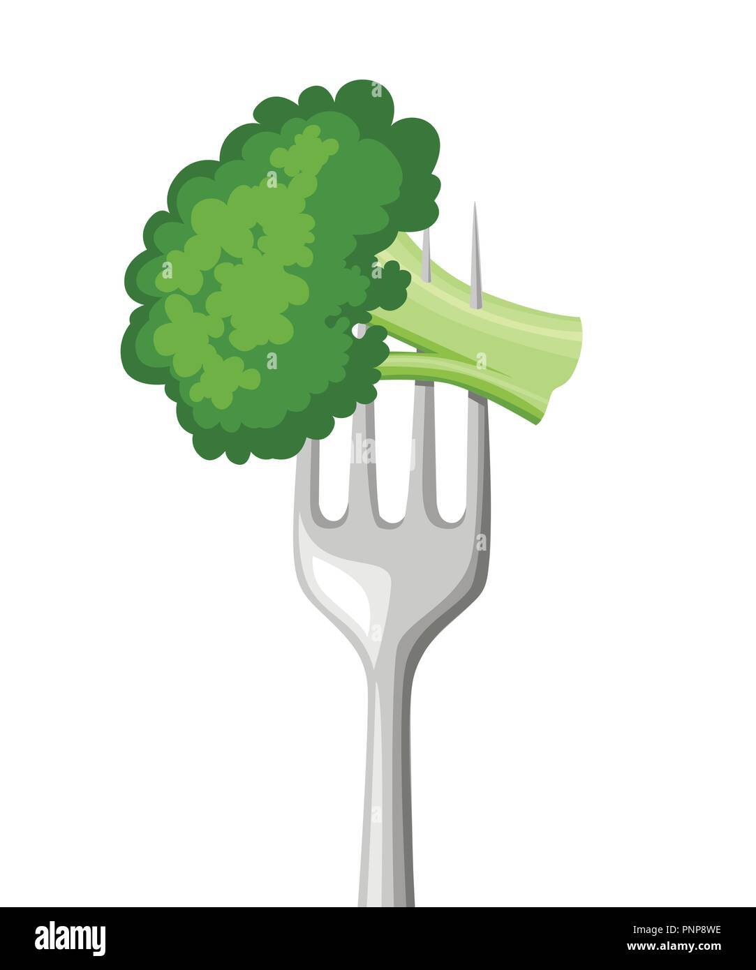 Nahrung auf die Gabel. Frischen Brokkoli auf Edelstahl Gabel. Gesundheit Nahrung. Flache Vector Illustration auf weißem Hintergrund. Stock Vektor