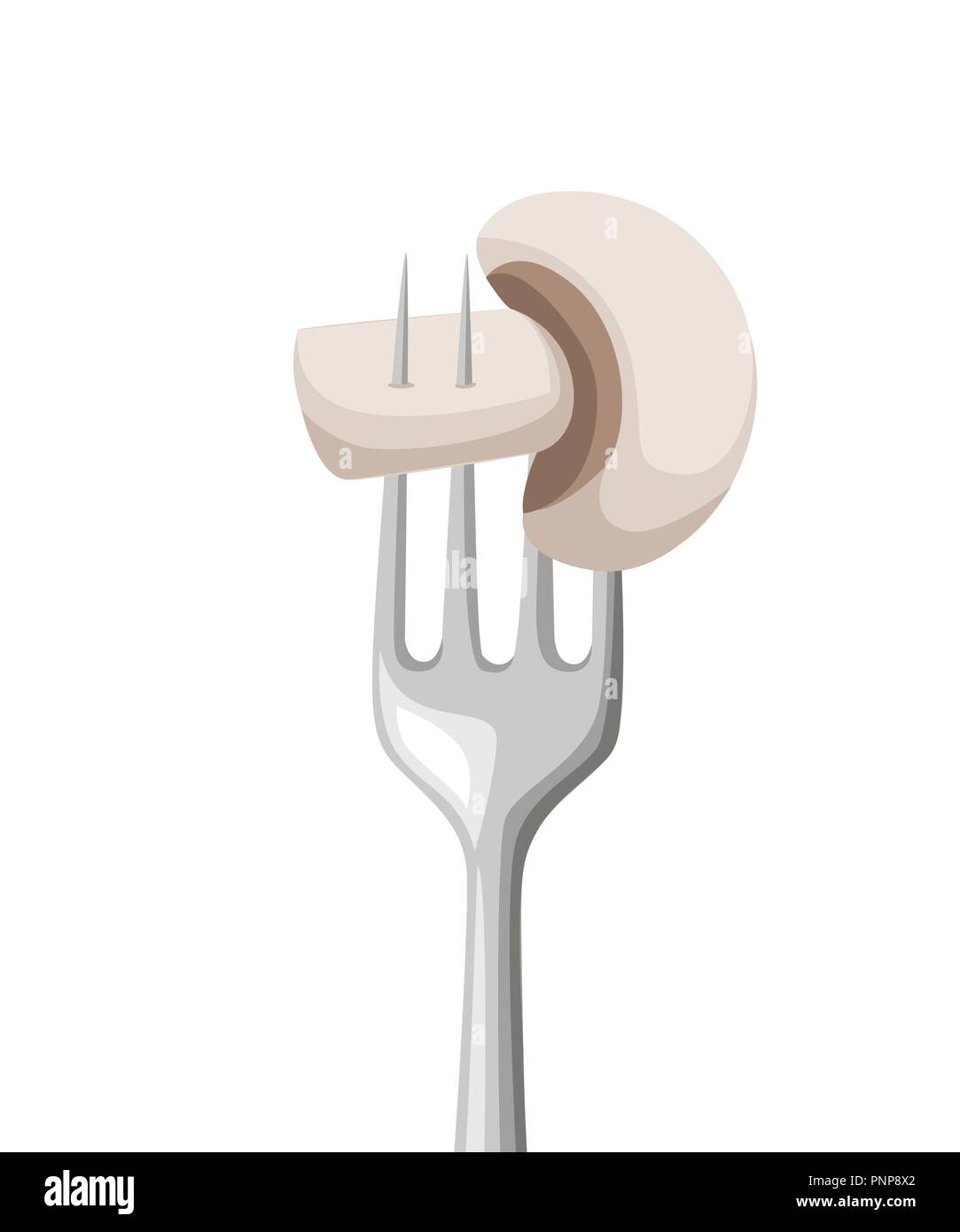 Nahrung auf die Gabel. Champignon Pilz auf Edelstahl Gabel. Flache Vector Illustration auf weißem Hintergrund. Stock Vektor