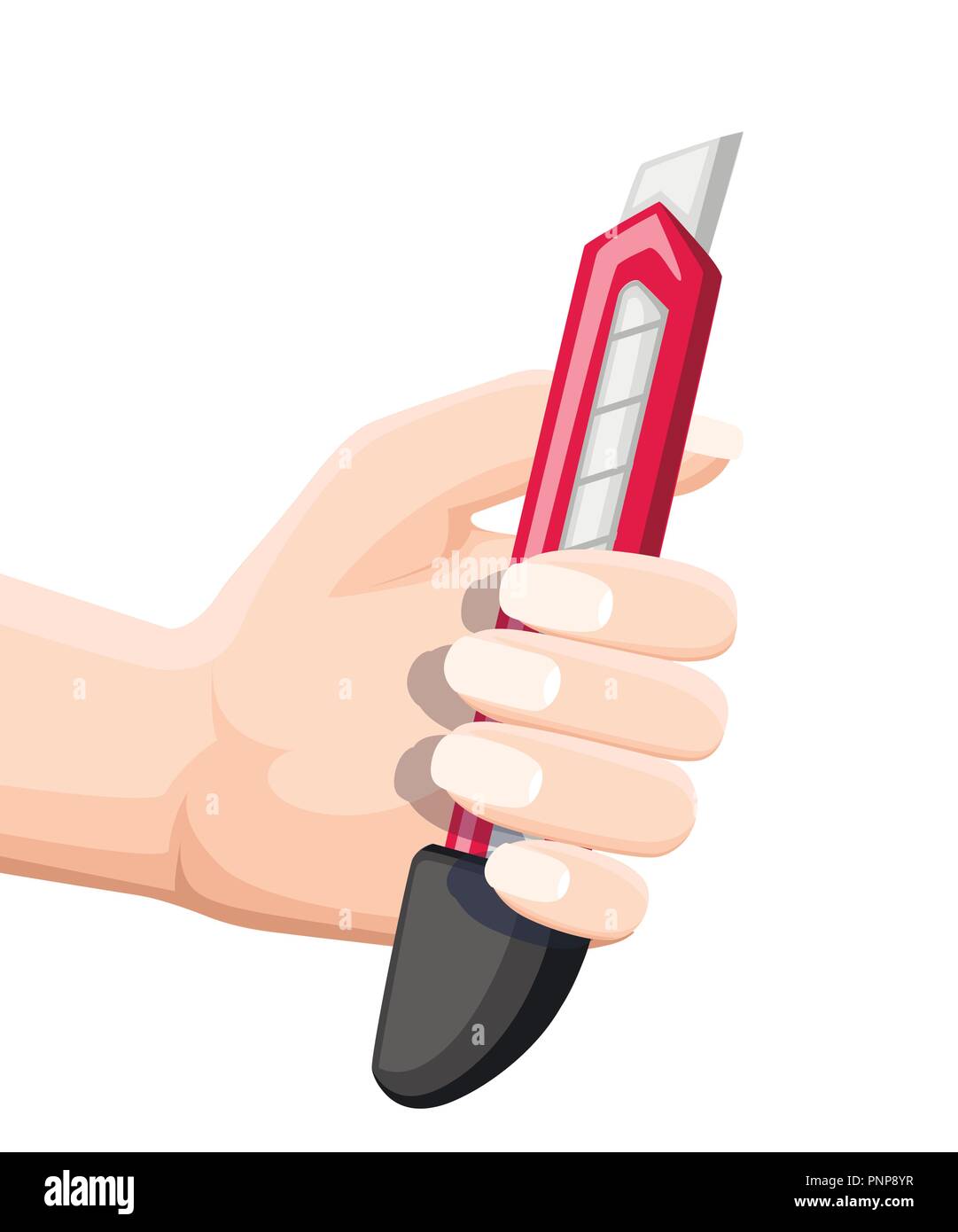 Hand, die feststehenden Messer. Roten Griff aus Kunststoff und Edelstahl. Flache Vector Illustration auf weißem Hintergrund. Stock Vektor