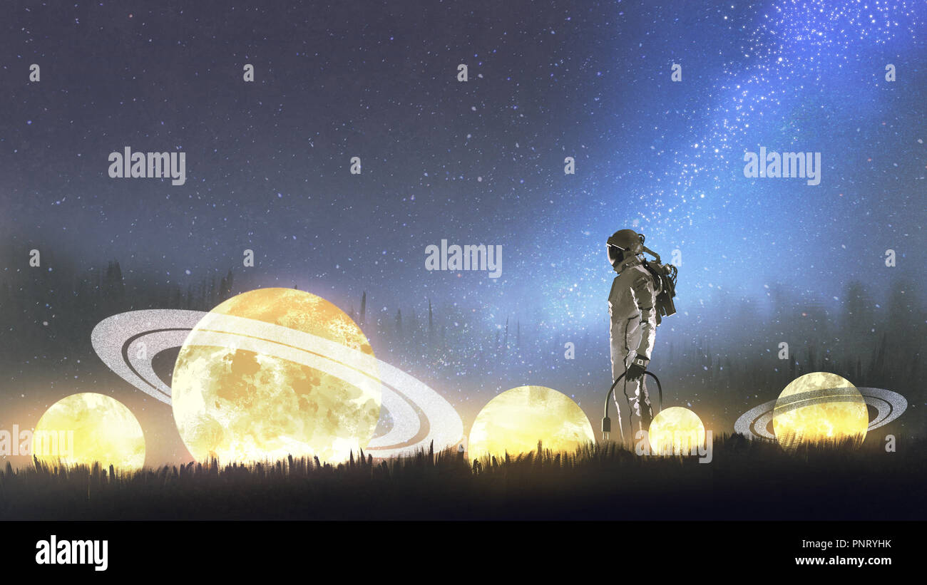 Astronaut bei Stars auf dem Rasen, digital art Stil, Illustration Malerei suchen Stockfoto