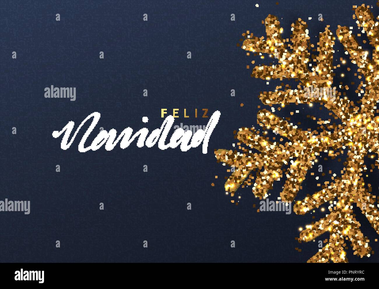 Weihnachten Hintergrund mit glänzenden gold Schneeflocken. Spanische text Feliz Navidad. Schriftzug Frohe Weihnachten Karte Vector Illustration. Stock Vektor