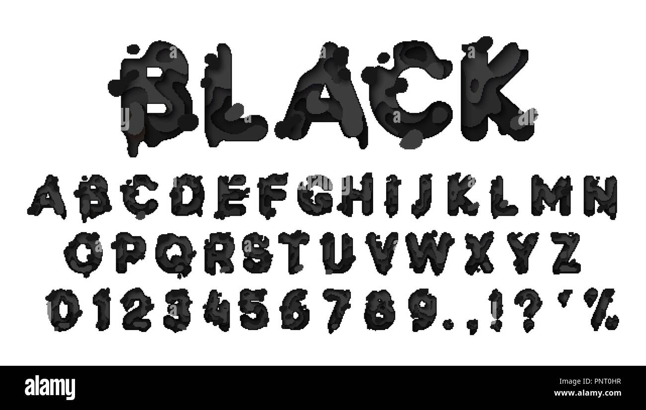 Alphabet Farben schwarz. Papier schreiben. Fluid Schriftart, Textur