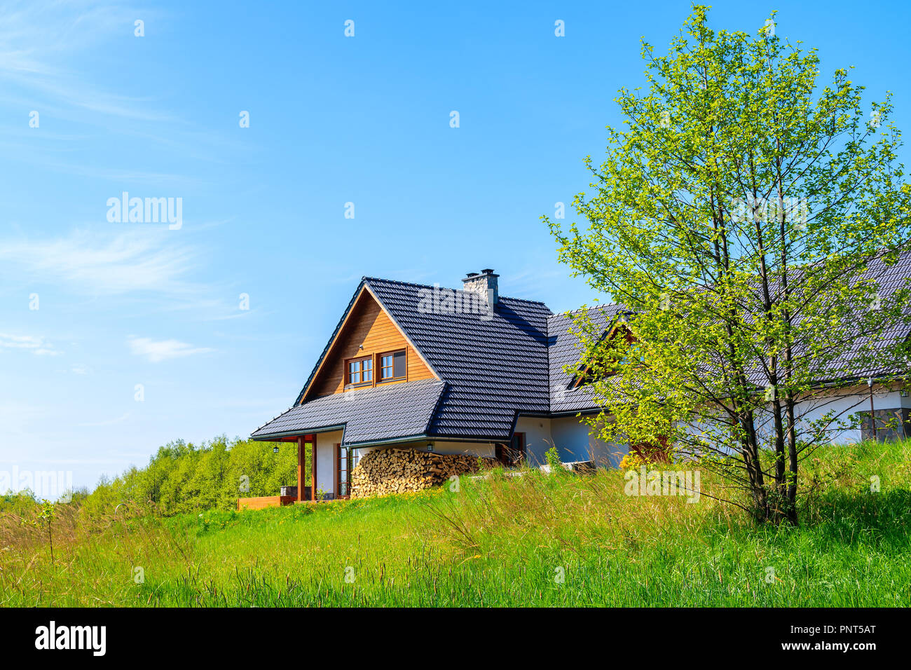 Seitliche Sicht auf ein Haus auf der grünen Wiese im Frühling in der Landschaft Landschaft in der Nähe von Krakau, Polen Stockfoto
