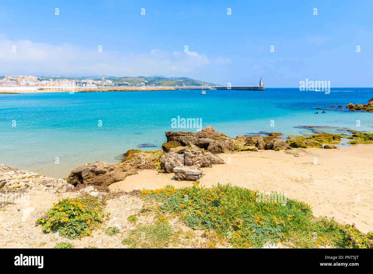 Blick auf den Strand von Tarifa aus Sand dune mit Blumen, Costa de la Luz, Spanien Stockfoto