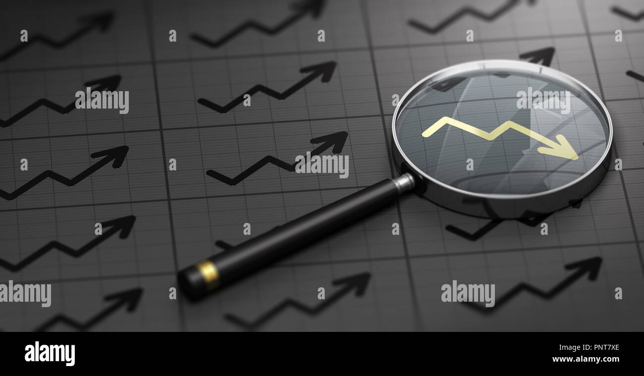 3D-Darstellung einer Lupe auf schwarzem Hintergrund und golden abnehmende Chart Symbol. Konzept der Maklertätigkeit. Stockfoto