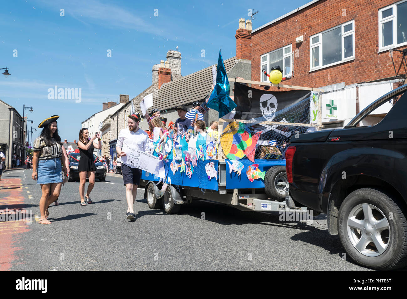 Abergele Karneval und Schicksal 14. Juli 2018 an der Küste von Nordwales Stockfoto