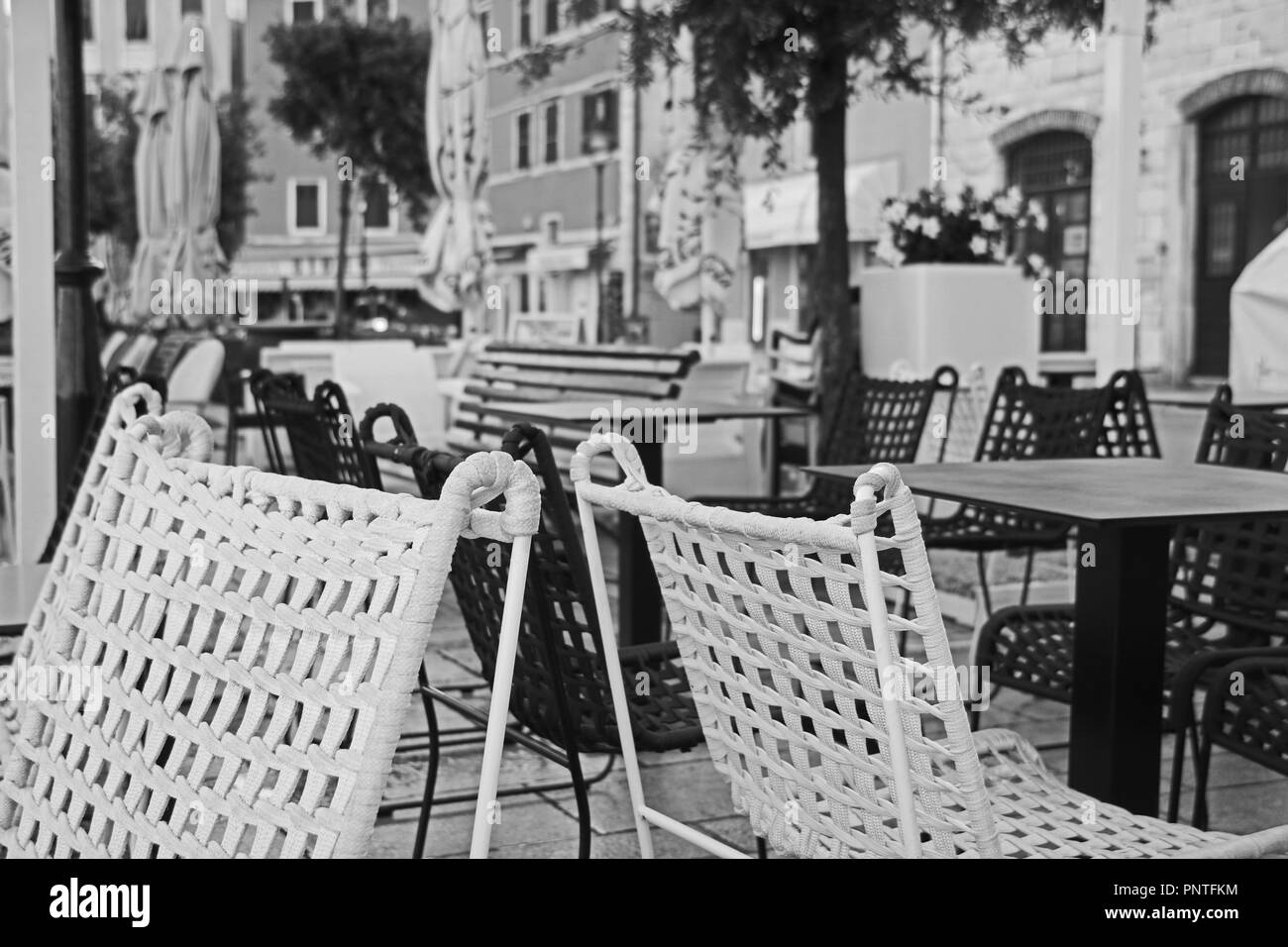 Restaurantbereich im Freien. Rovinj Kroatien Stockfoto