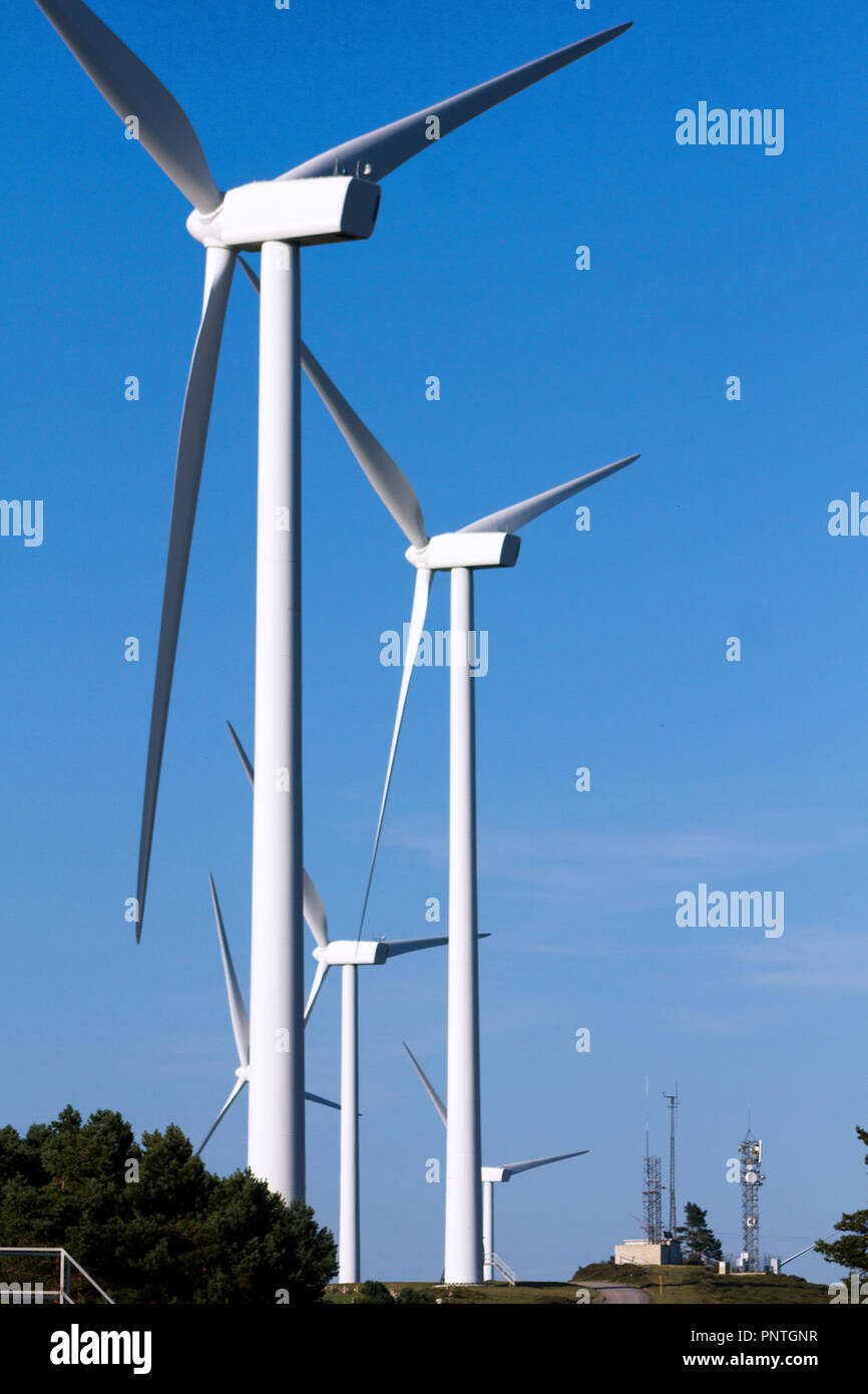 Pico Gallo, Tineo, Asturien. Vertikale Ansicht von Wind Mill Park im Sommer mit Kraftwerk im Hintergrund. Stockfoto