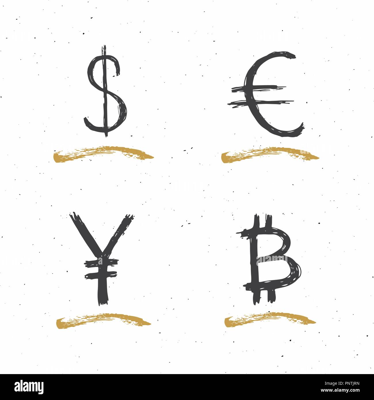 Dollar, Euro, Yen und Bitcoin zeichen Symbol Pinsel Schriftzug, Grunge kalligrafischen Symbole, Vector Illustration. Stock Vektor