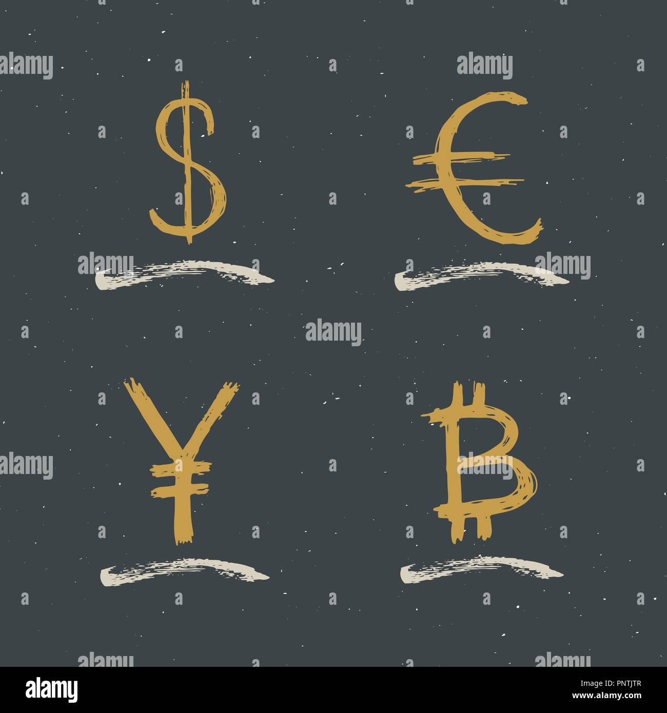Dollar, Euro, Yen und Bitcoin zeichen Symbol Pinsel Schriftzug, Grunge kalligrafischen Symbole, Vector Illustration. Stock Vektor