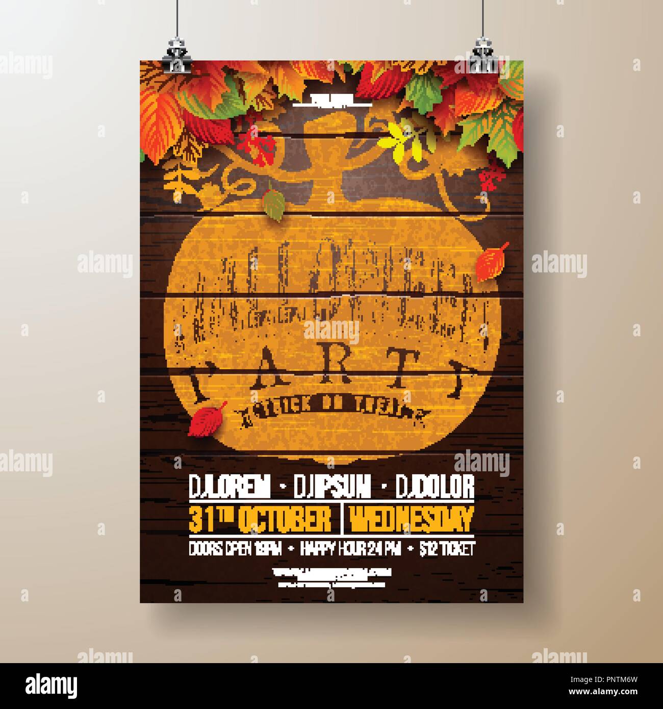 Halloween Party flyer Abbildung mit Herbstlaub und Typografie Schrift in Kürbis auf vintage Holz Hintergrund. Vektor Urlaub design Vorlage mit für Party Einladung, Grußkarte, Banner oder Feier Plakat. Stock Vektor