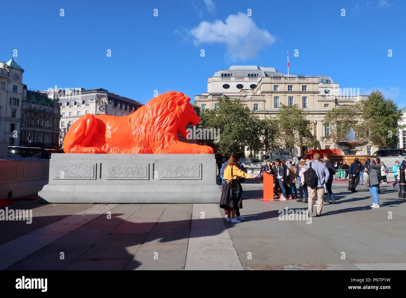 London, UK, September 2018. London Design Festival. Bitte geben Sie die Lions durch Es Devlin in Trafalgar Square. Helles orange Löwe brüllt Poesie. Stockfoto