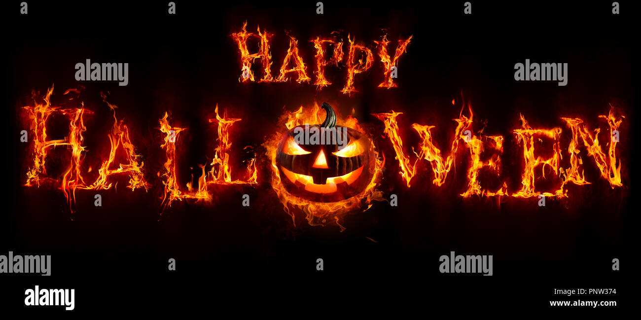 Happy Halloween - Kürbis In geflammt Text Banner Stockfoto