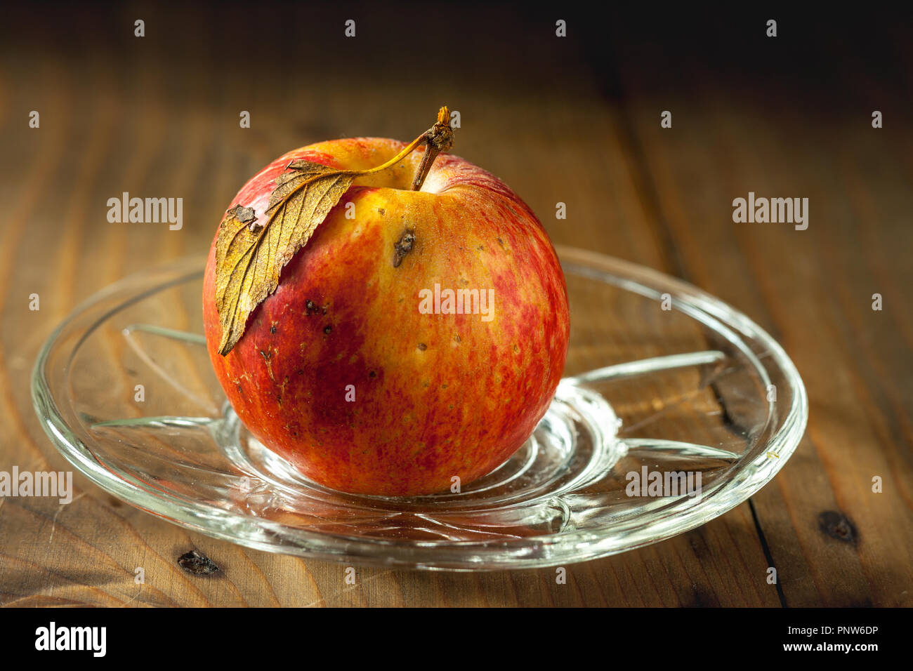 Echte und Organische Apple auf einem Glas Untertasse Stockfoto