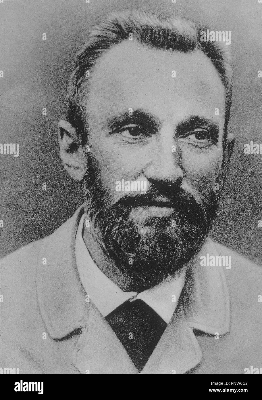 Pierre Curie (1859-1906), französischer Physiker, ein Pionier in der Kristallographie, Magnetismus, piezoelektrizität und Radioaktivität. Im Jahr 1903 erhielt er den Nobelpreis für Physik zusammen mit seiner Frau, Marie Sklodowska-Curie und Henri Becquerel, "in Anerkennung des außerordentlichen Leistungen, die sie durch ihre gemeinsame erbracht haben Forschungen über die Ausstrahlung von Professor Henri Becquerel entdeckt. Ort: ACADEMIA DE CIENCIAS. Stockfoto