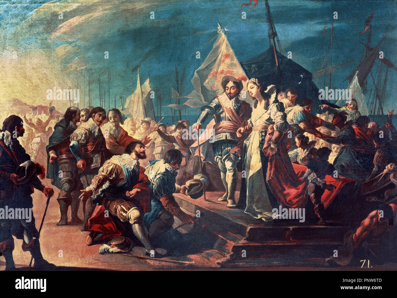 DESEMBARCO EN VALENCIA DE FERNANDO EL CATOLICO Y GERMANA DE FOIX - SIGLO XIX. Autor: RIBELLES Y HPAGE, Jose. Lage: das Museo DE BELLAS ARTES - COLEGIO PIO V. SPANIEN. Stockfoto