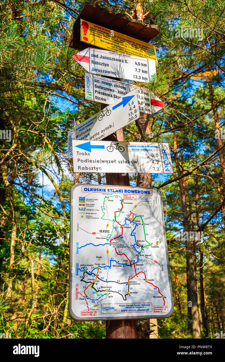 Radweg in der Nähe von OLKUSZ, Polen - Sep 9, 2018: Karte mit Radwege in grünen Wald an sonnigen Sommertag. Im südlichen Polen hat viele attraktive Fahrrad Stockfoto
