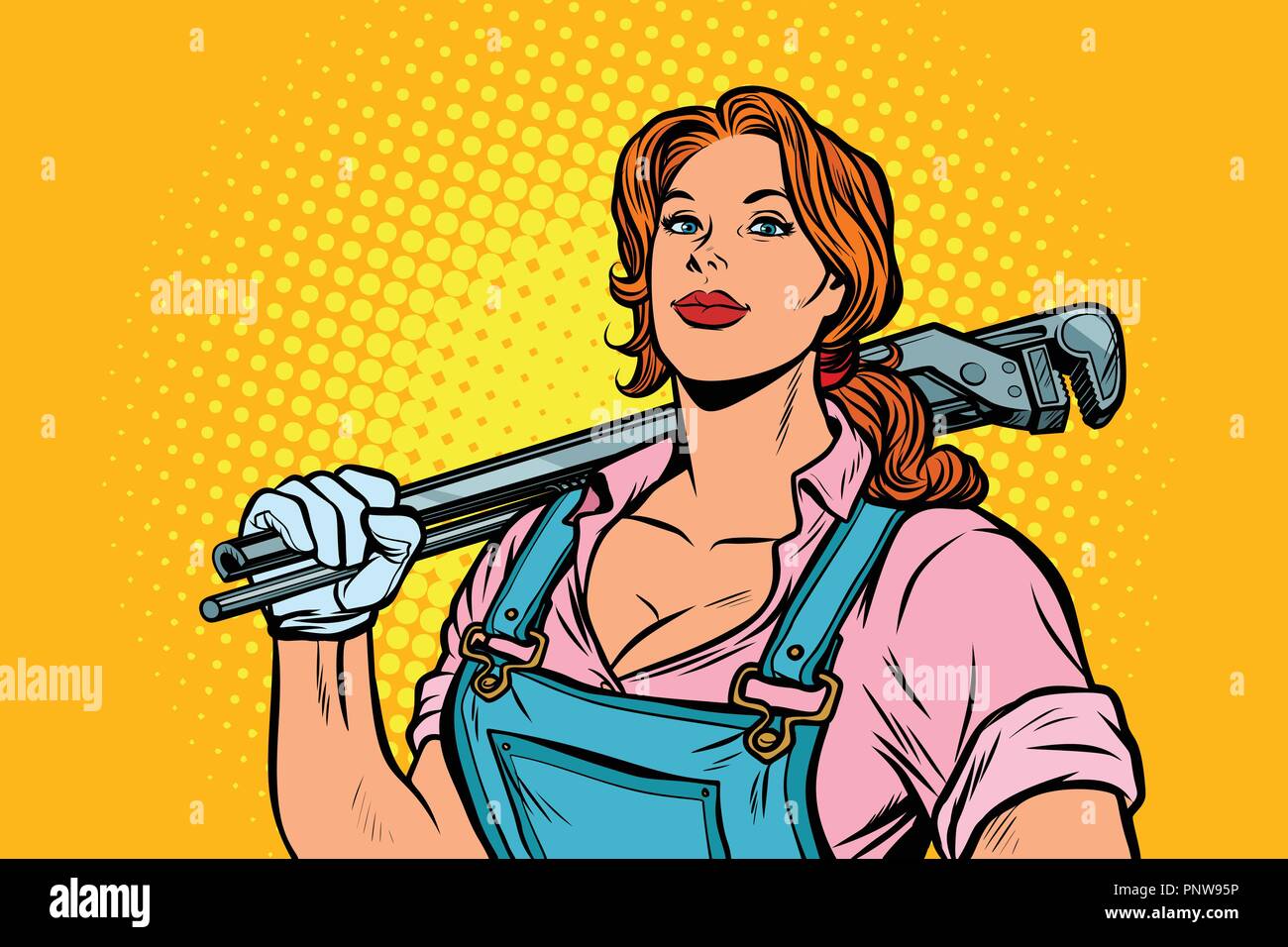 Eine starke Frau Mechaniker Klempner Arbeiter mit verstellbarer Schraubenschlüssel. Pop Art retro Vektor illustration Vintage kitsch Stock Vektor