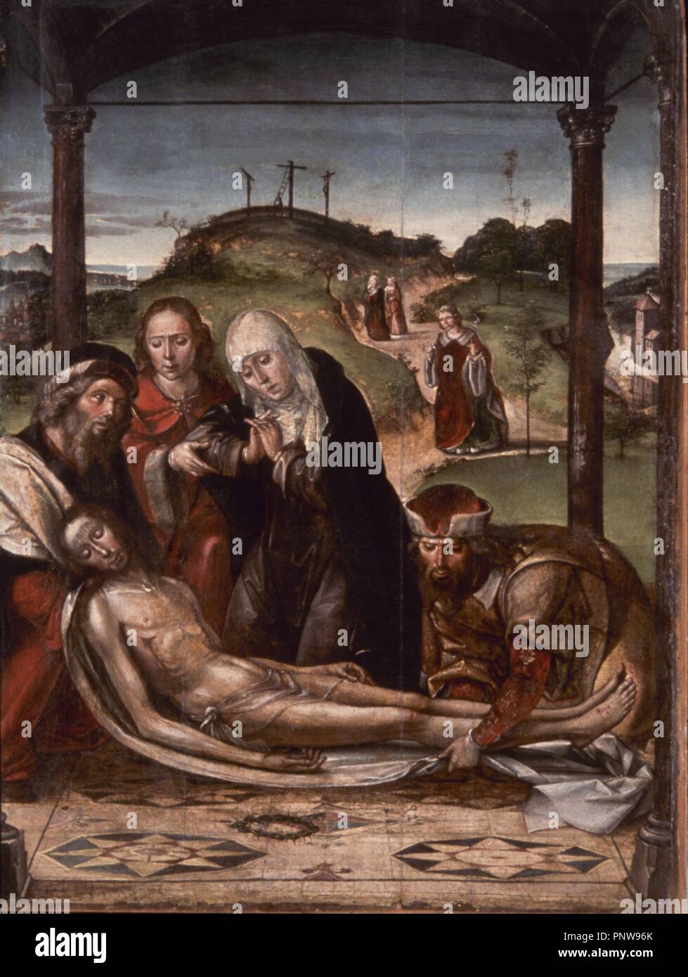 LA LAMENTACION SOBRE EL CUERPO DE CRISTO MUERTO - 1500-O/L 108 x 85 - GOTICO ESPAÑOL. Autor: BERRUGUETE, Pedro. Ort: Kunst Museum. CINCINNATI. Stockfoto