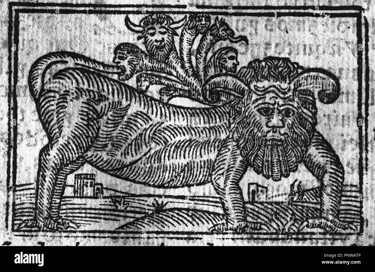 MONSTRUO DE LAS SIETE CABEZAS - CONFESIONARIO BÜRGERMEISTER DE LA LENGUA CASTELLANA Y MEXICANA - 1578. Ort: INSTITUTO DE COOPERACION IBEROAMERICANA. MADRID. Spanien. Stockfoto