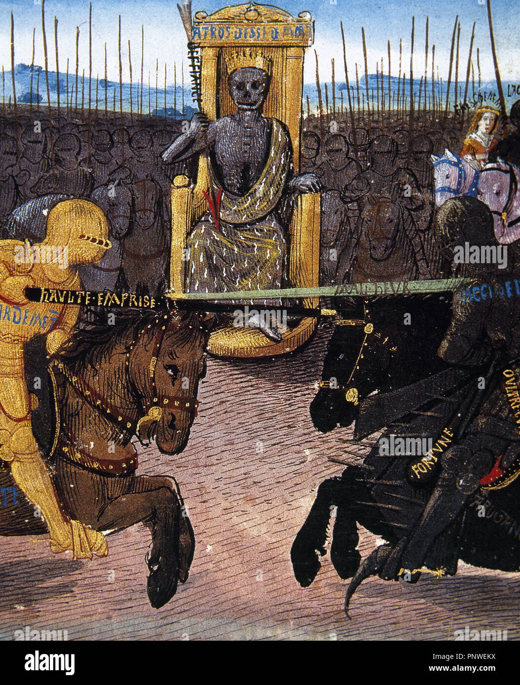 Charles 'Fett' (1433-1477). Herzog von Burgund (1467-1477). Allegorie des Todes von Karl dem Kühnen. 15. Jahrhundert. Miniatur von "Le Chevalier beraten." Chateau de Chantilly. Frankreich. Stockfoto