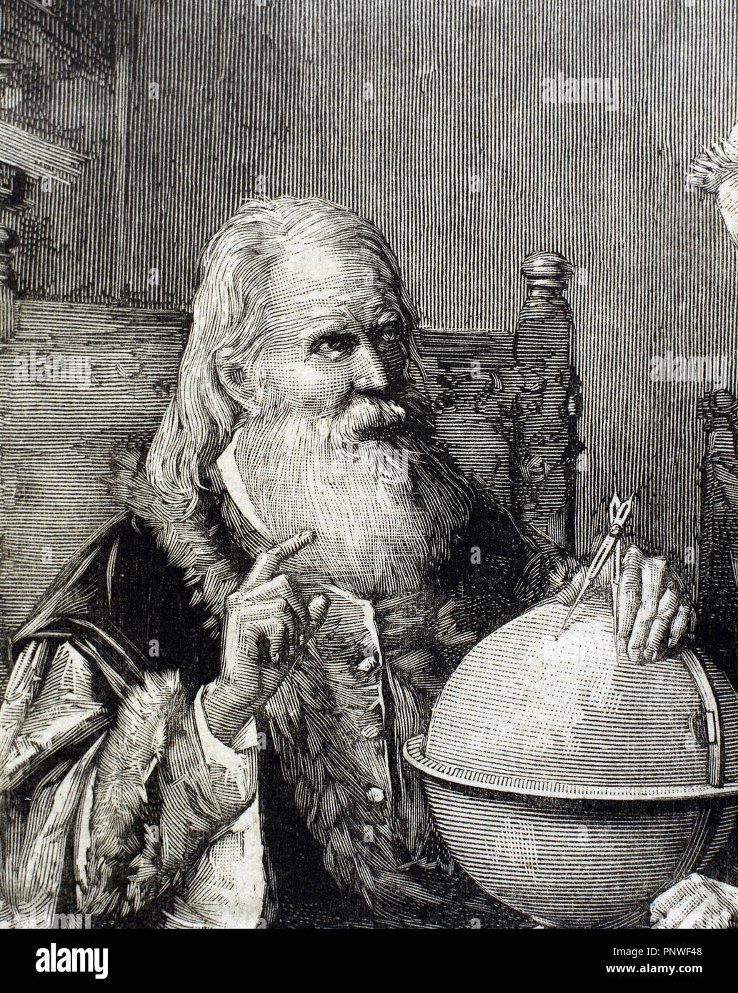 Galileo Galilei (1564-1642). Physiker, Mathematiker und Astronom. Galileo demonstriert seine astronomischen Theorien. Kupferstich von Rico in der "spanischen und amerikanischen Illustration" (1884). Stockfoto