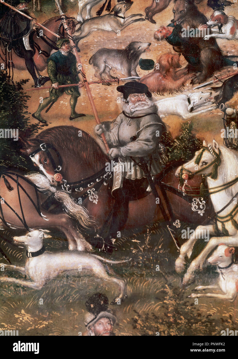 Lucas Cranach der Ältere" (1479-1553). Deutsche Maler und Kupferstecher. Jagd zu Ehren von Charles V auf der Burg von Torgau, 1544. Öl auf Leinwand. Detail. Prado Museum. Madrid. Spanien. Stockfoto