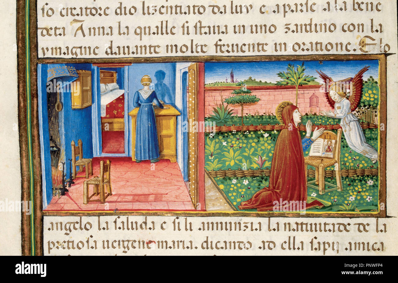 Verkündigung an Saint Anne. Codex von Predis (1476). Königliche Bibliothek. Turin. Italien. Stockfoto