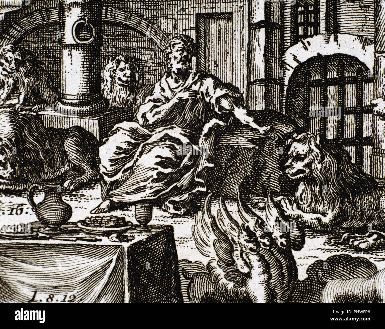 Daniel in der Löwengrube. Gravur. Stockfoto