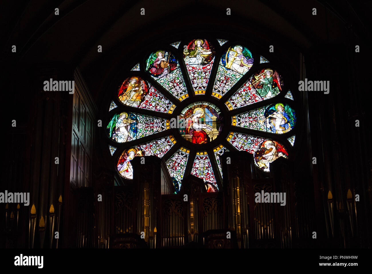 Buntglasfenster mit der Darstellung der Heiligen Cecilia über der Orgel in der Kathedrale der Madeleine, Salt Lake City, Utah, USA. Stockfoto