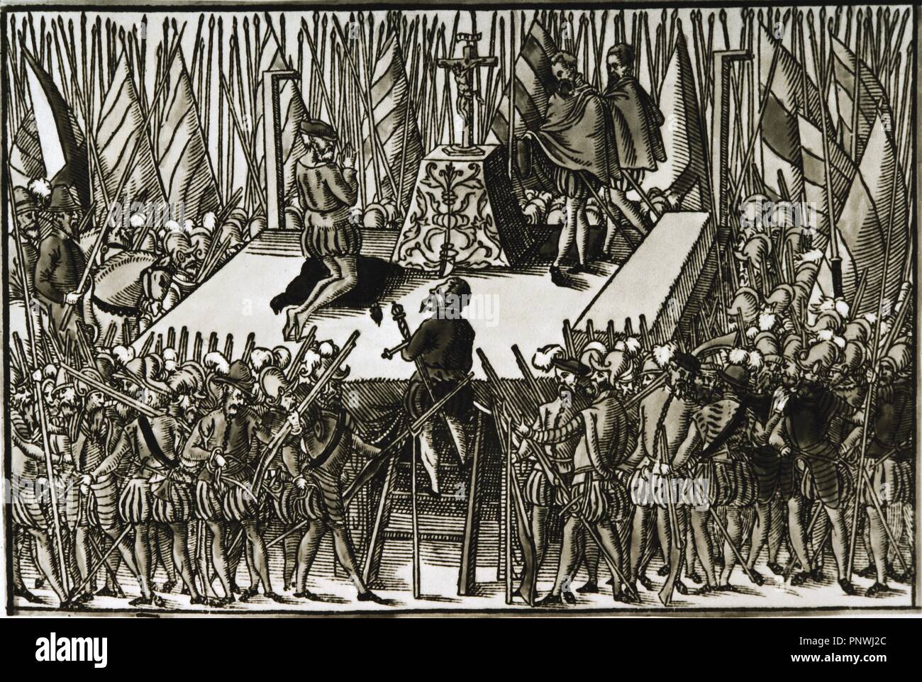 Achtzig Jahre Krieg oder Niederländisch Unabhängigkeit 1568-1648. Ausführung der Grafen von Egmond und Hoorn, Brüssel, 1568. Niederlande. Gravur. Stockfoto