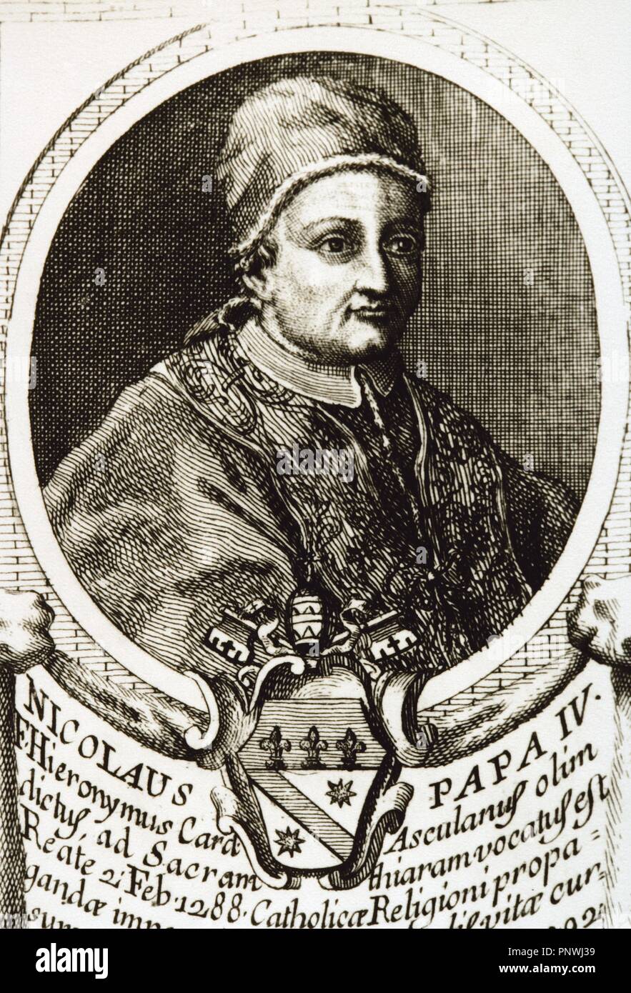 Papst Nikolaus IV. (1227-1227). Geboren Girolamo Masci. Papst von 1288-1292. Porträt. Gravur. Stockfoto