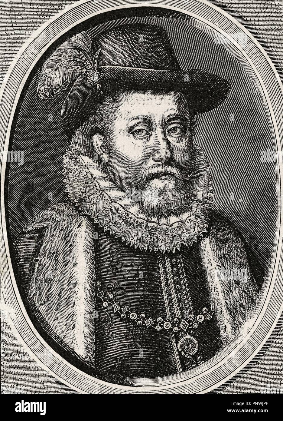 James VI und I (1566-1625). König von Scots als James VI vom 24. Juli 1567 und der König von England und Irland als James I ab 24. März 1603 bis zu seinem Tod. Gravur. Stockfoto