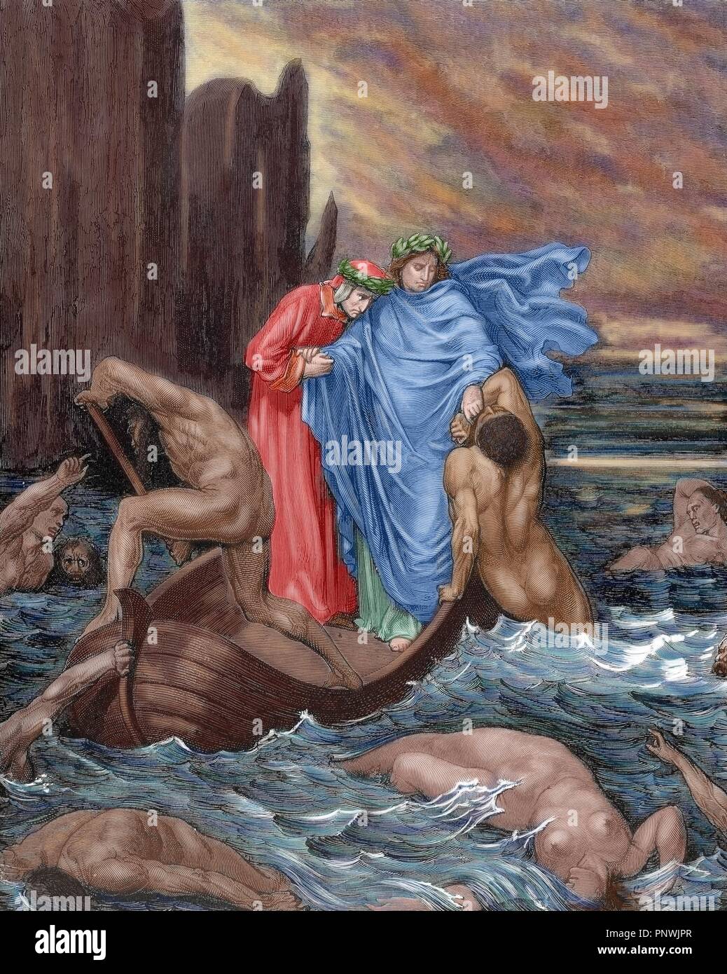 Die göttliche Komödie. Episches Gedicht von Dante Alighieri zwischen 1308 und seinem Tod im Jahr 1321 geschrieben. Achte Canto der Hölle. Dante und Vergil überqueren Sie den Fluss Styx in das Boot des Phlegyas. Auf dem Weg Sie Filippo Argenti, einem Florentiner arrogant und verärgert. Kupferstich von Gustave Dore. Gefärbt. Stockfoto