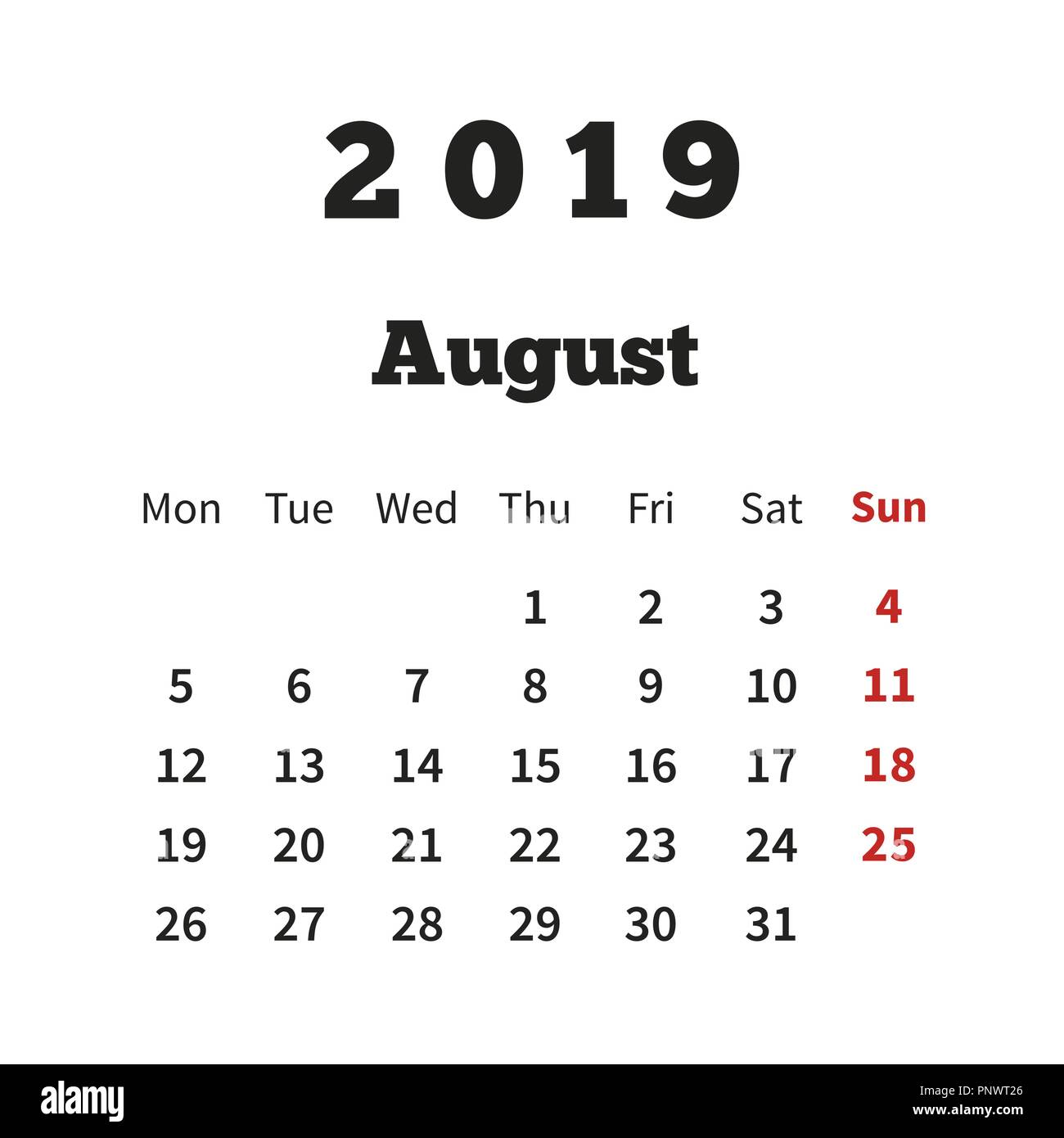 Einfacher Kalender august 2019 Jahr mit Woche ab Montag auf Weiß Stock Vektor