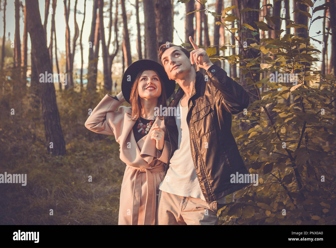 Junges Paar in Liebe umarmen im Herbst Wald. Mann nach oben zeigt. Glückliche Menschen gehen in Park Stockfoto
