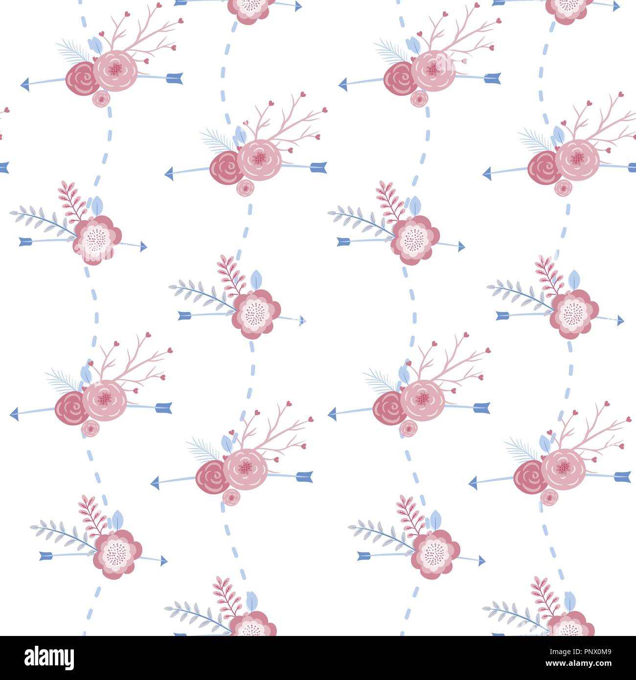 Ethnische boho Hintergrund mit Pfeilen, Federn und rosa Blumen, native american tribe Dekoration drucken Element, Tribal Navajo Abbildung böhmischen Ornament, Indische, Peru Verpackung, nahtlose Muster. Stock Vektor