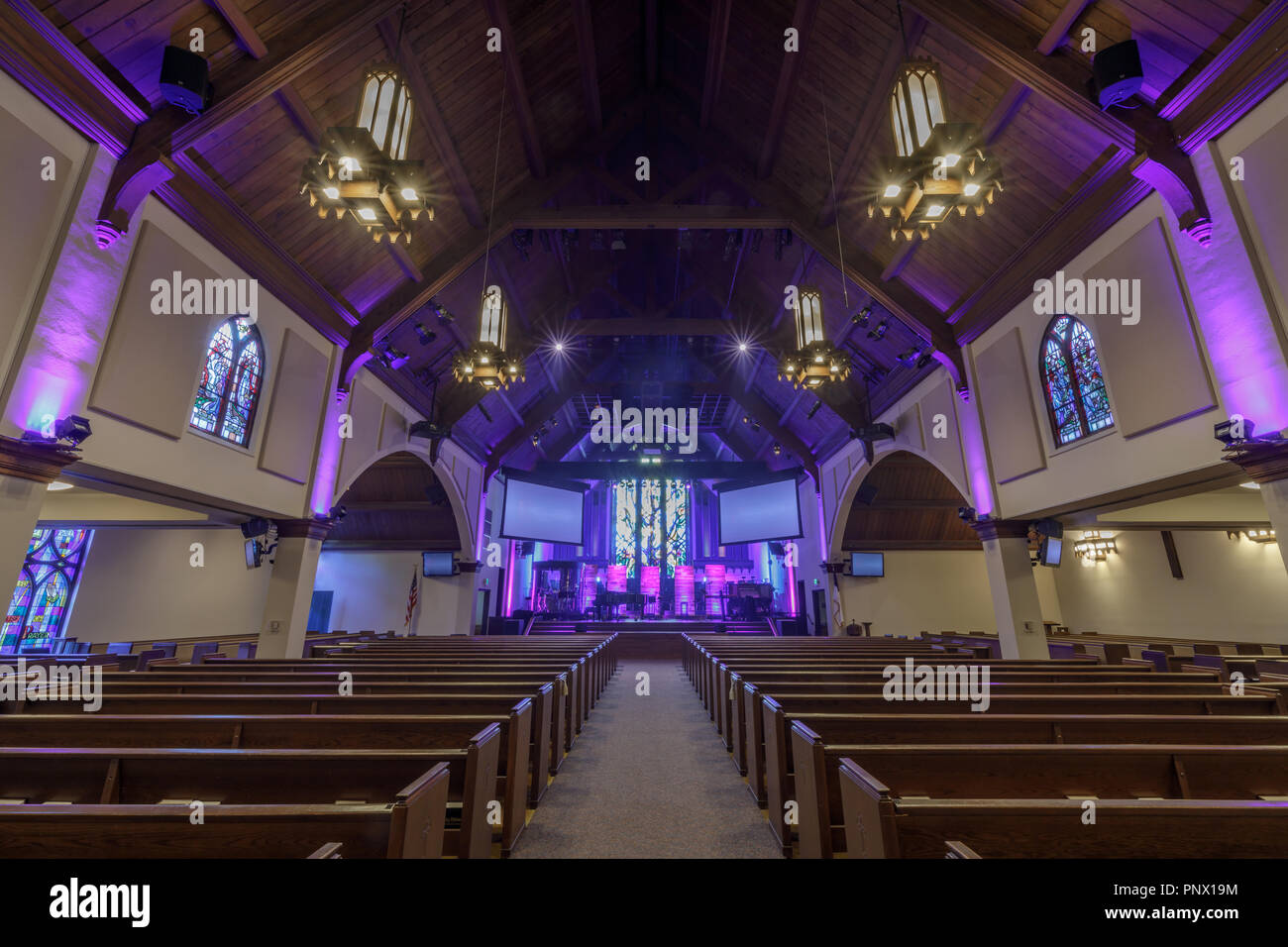Menlo Park, Kalifornien - 9. September 2018: in Menlo Park Menlo Presbyterianischen Kirche auch als Kirche. Stockfoto