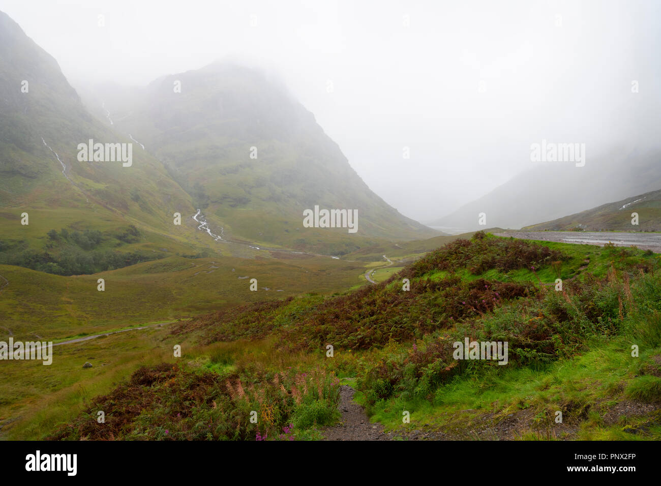 Glen Coe, Schottland im Nebel Stockfoto