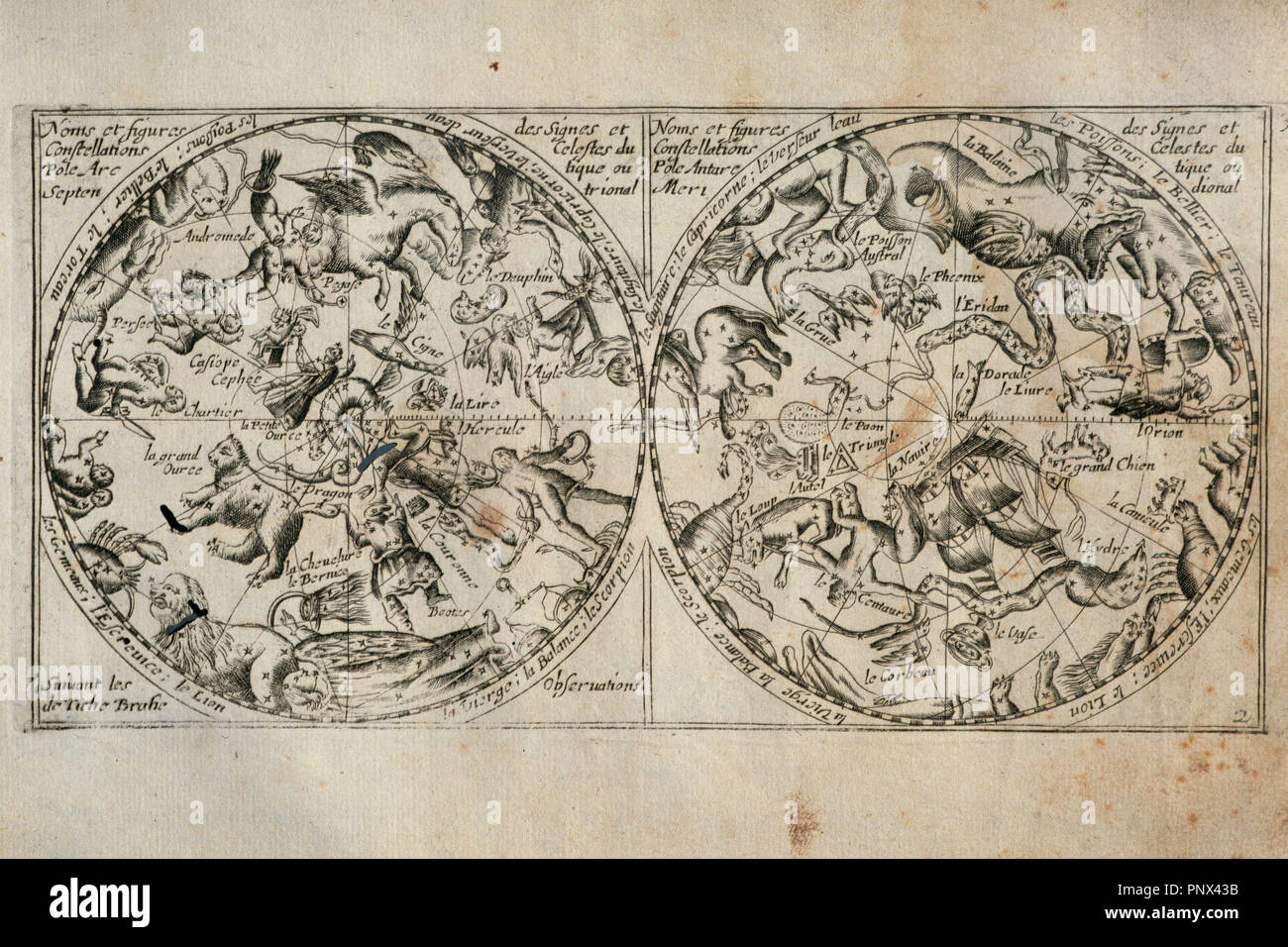 Nikolaus Kopernikus (1473-1543). Renaissance Mathematiker und Astronom, der in eine heliozentrische Modell des Universums, der die Sonne gesetzt formuliert, eher als die Erde, in der Mitte. "Himmlische Konstellationen Orbes Celeste". Arktis und Antarktis. Ausgabe von 1667, Frankreich. Stockfoto