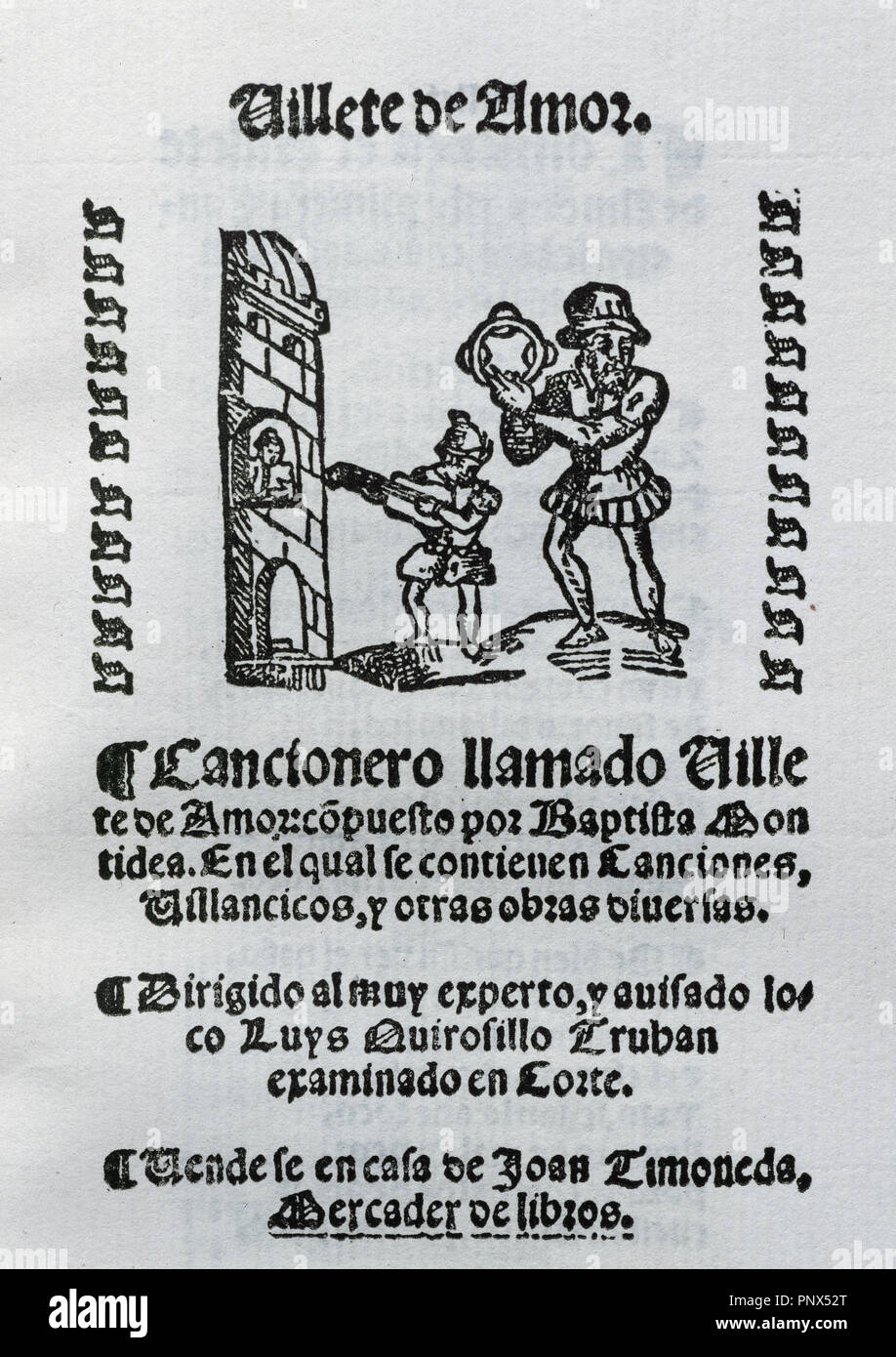 Villete de Amor von Baptista Montidea. Liederbuch. Luys Quirosillo Truhan gerichtet. Stockfoto