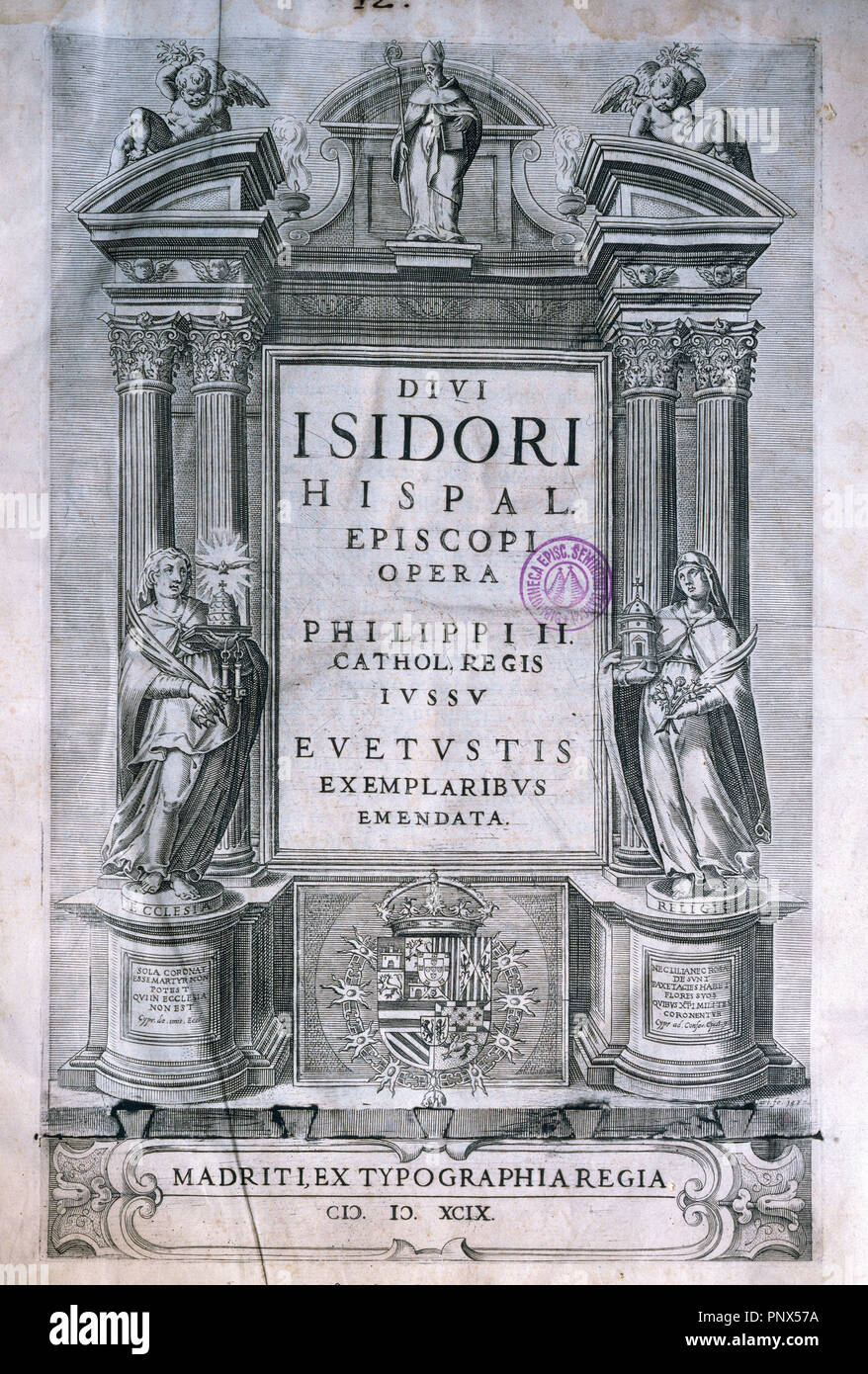 Spanische Literatur. 7. Jahrhundert. Hl. Isidor von Sevilla (C. 560Ð636) der Erzbischof von Sevilla und Doktor der Kirche. In Qua Grammatica et Historica". Buchen Sie abdecken. In Madrid, 1599 veröffentlicht. Bischöfliche Bibliothek. Barcelona. Spanien. Stockfoto
