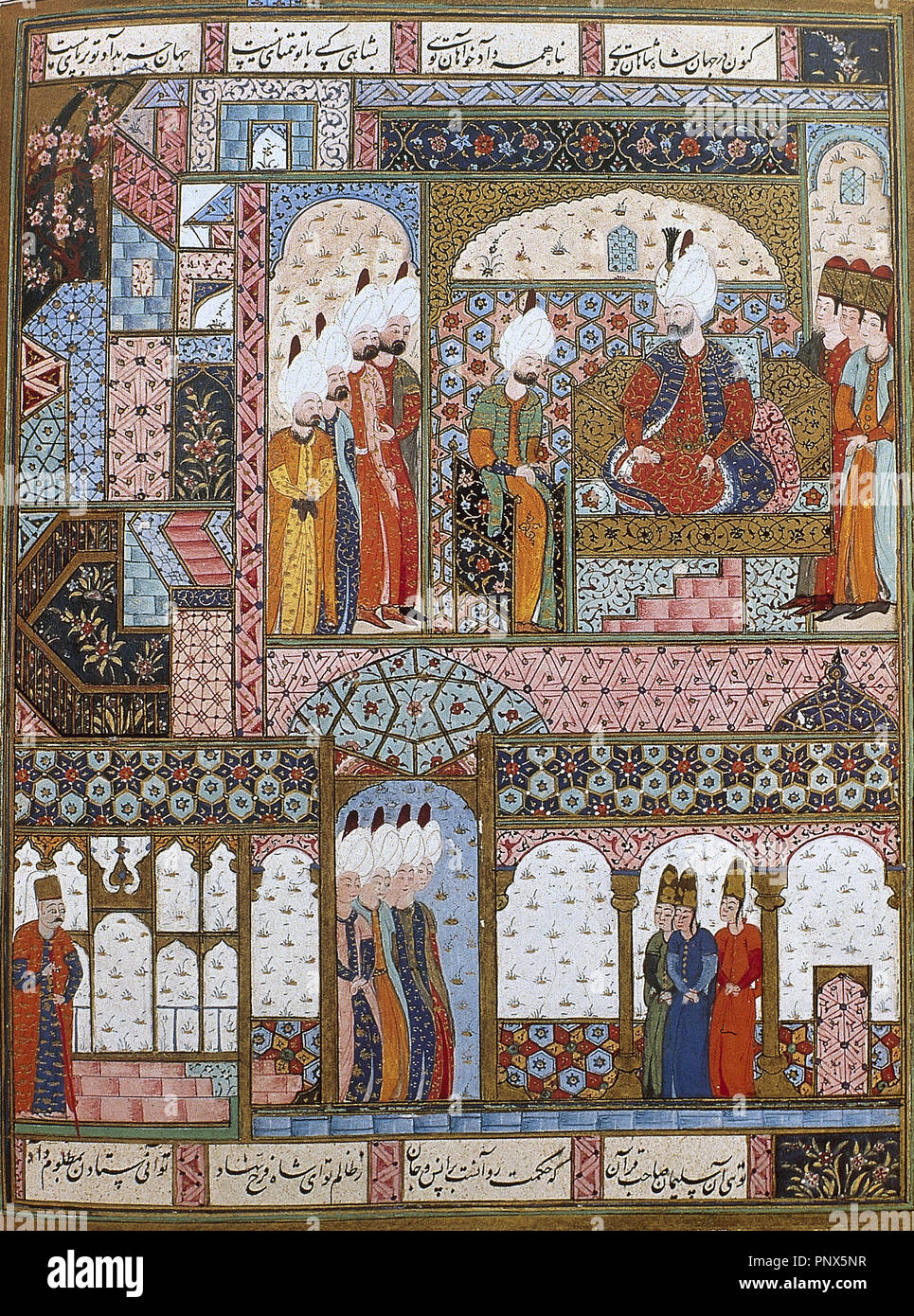 Suleiman dem Prächtigen (1494-1566). Osmanische Sultan. Suleiman die Rechtsetzung in der Topkapi Palast. Miniatur von Suleymanname, 16. Topkapi Palast Museum. Istanbul, Türkei. Stockfoto